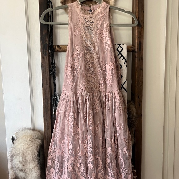 Free People Lace Mini Dress XS Lavender Beige Cottagecore Boho - Picture 2 of 8